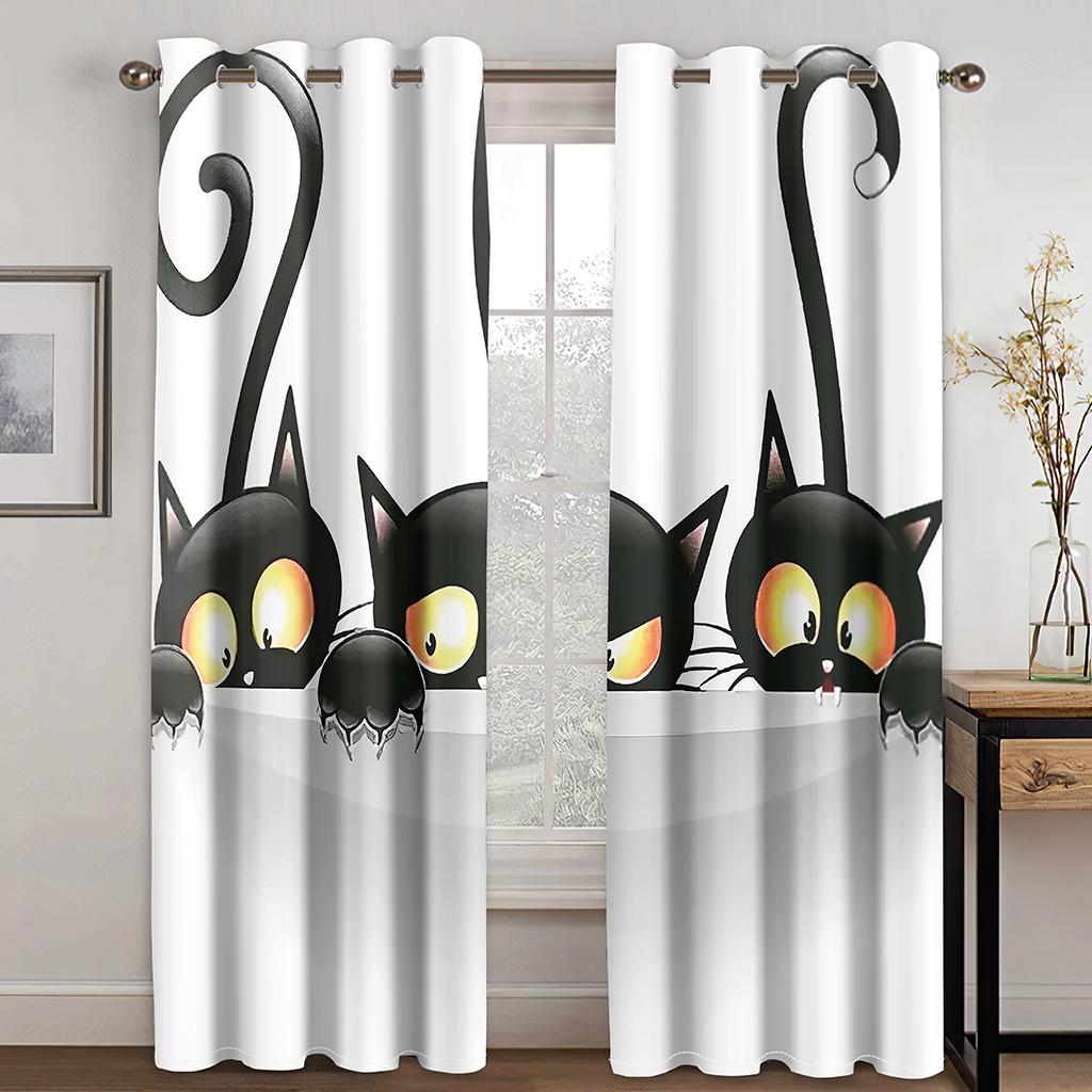 Cheap Cute Cartoon Funny Cat Kids 2 Pieces Free Shipping Thin Curtains for Living Room Bedroom Children's Window Drape Decor