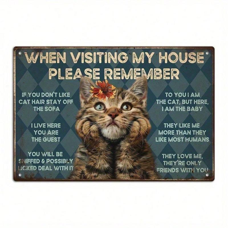 Vintage Funny Cat Tin Sign Wall Decor with Humorous Cat Hair Warning, Metal Plaque for Home Kitchen Bar Garden, Unique Gift for