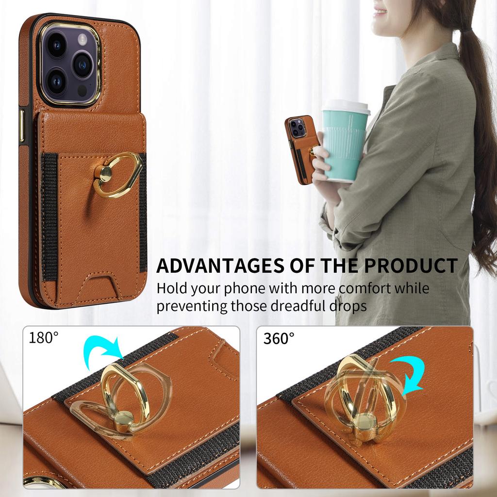 For iPhone 15 PU Leather+TPU Phone Case Card Slots RFID Blocking Kickstand Cover