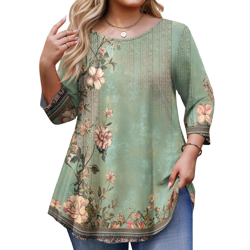 Top Moda da Donna Stampa Floreale Taglie Forti Manica 3/4 Orlo Arrotondato Girocollo