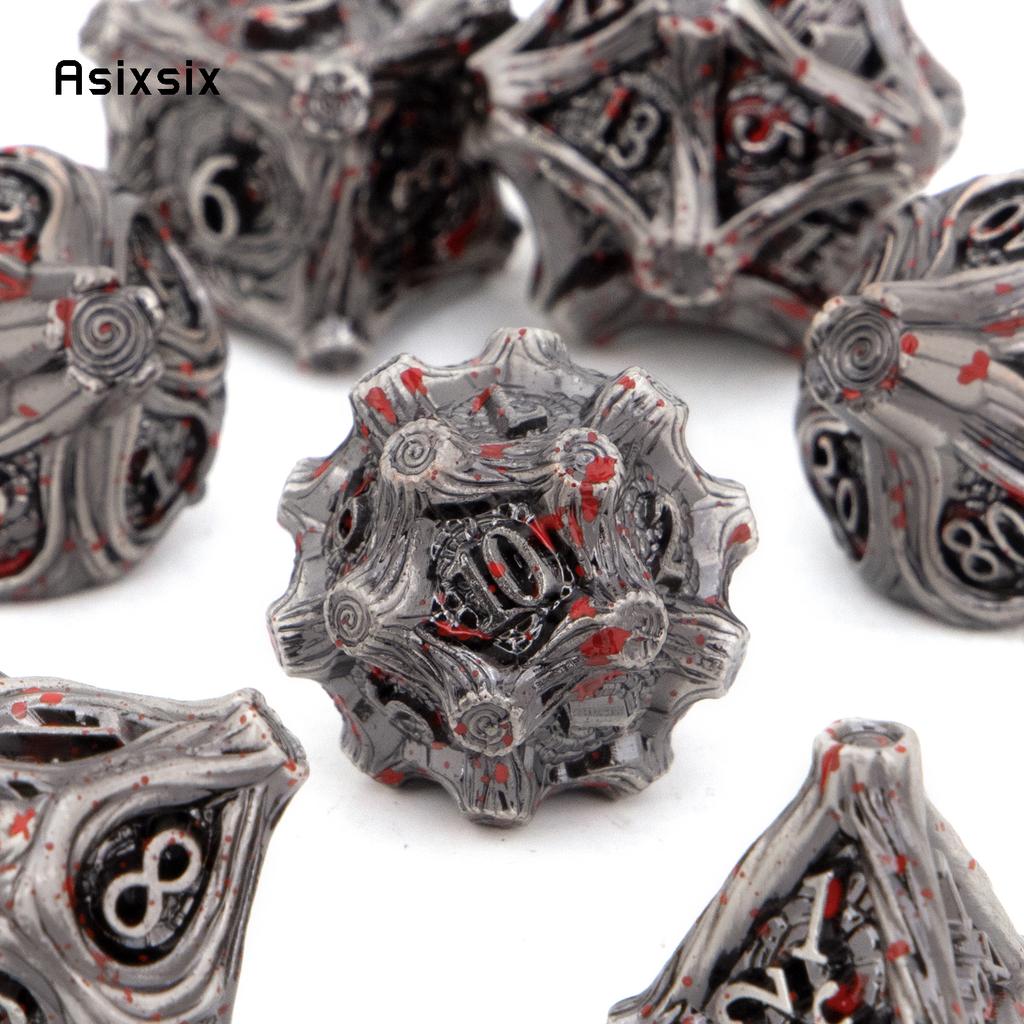 7 Pcs Silver Red Tree Stump Root Metal Dice Solid Metal Polyhedral Dice Set Suitable for Role-Playing RPG Board Game Card Game
