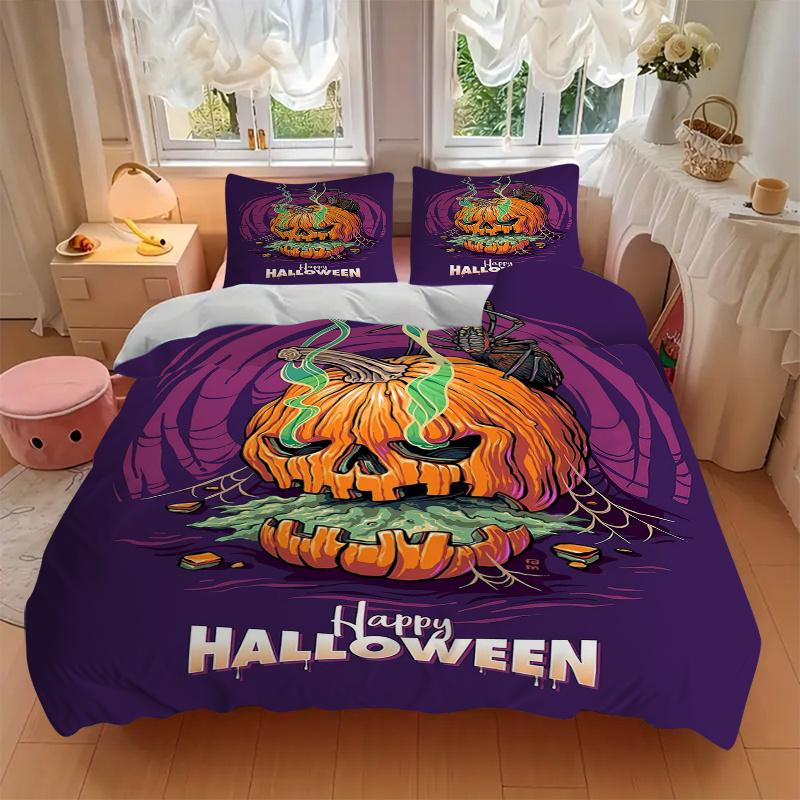 3pcs Spooky Halloween Pumpkin Bedding Set - 1 Soft Quilt Cover + 2 Pillowcases, Machine Washable - Suitable for All Seasons, Perfect Gift Fo