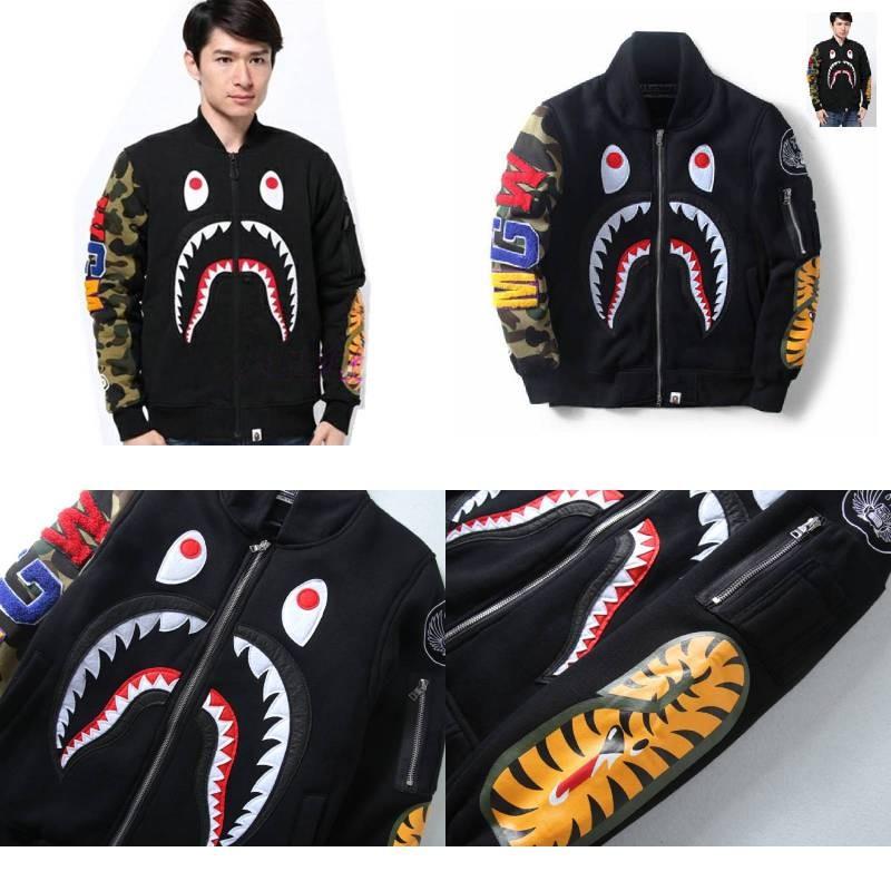 Shark Print Bomber Jacket For Men With Windproof Fabric For Casual Daily Wear