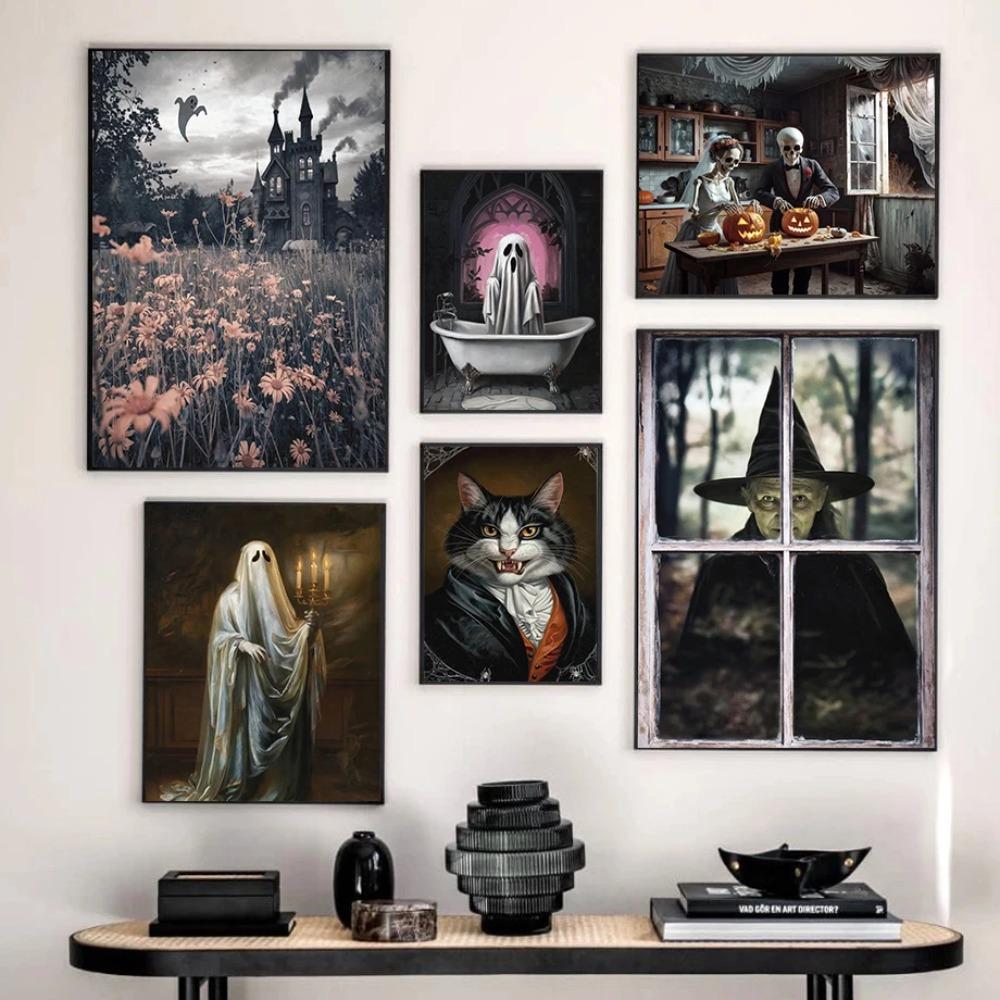 Dark Vintage Witch Halloween Posters Haunted House Pumpkin Girl Creepy Mansion Canvas Painting Wall Art Pictures Home Room Decor