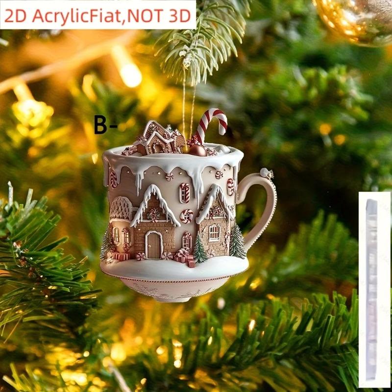 2D Flat Christmas Snow House Chocolate Mug Acrylic Decoration Sign, Home Decor Plaque Hanging Wall Art Decorative Garden Decoration for Room Door Sign