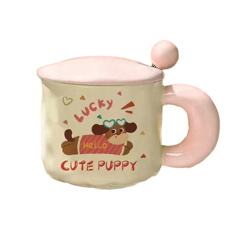 Cute Cartoon Puppy Ceramic Cup High Looking Mug Cup with Lid Spoon Water Cup Birthday Gift for Girls and Children