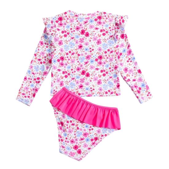 Jenter Solbeskyttende Badedraktsett Todelt Rash Guard Langermet Badebukse Tankini med Bikinibunn Blomstertrykk Barn Strandklær