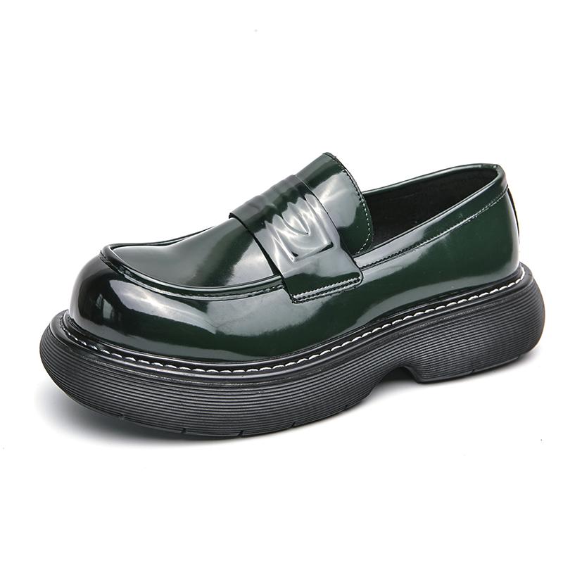 Fashion Green Loafers Men's Thick-soled Heightening British Style High-Level Business Casual Leather Shoes Slip-On Lazy Shoes