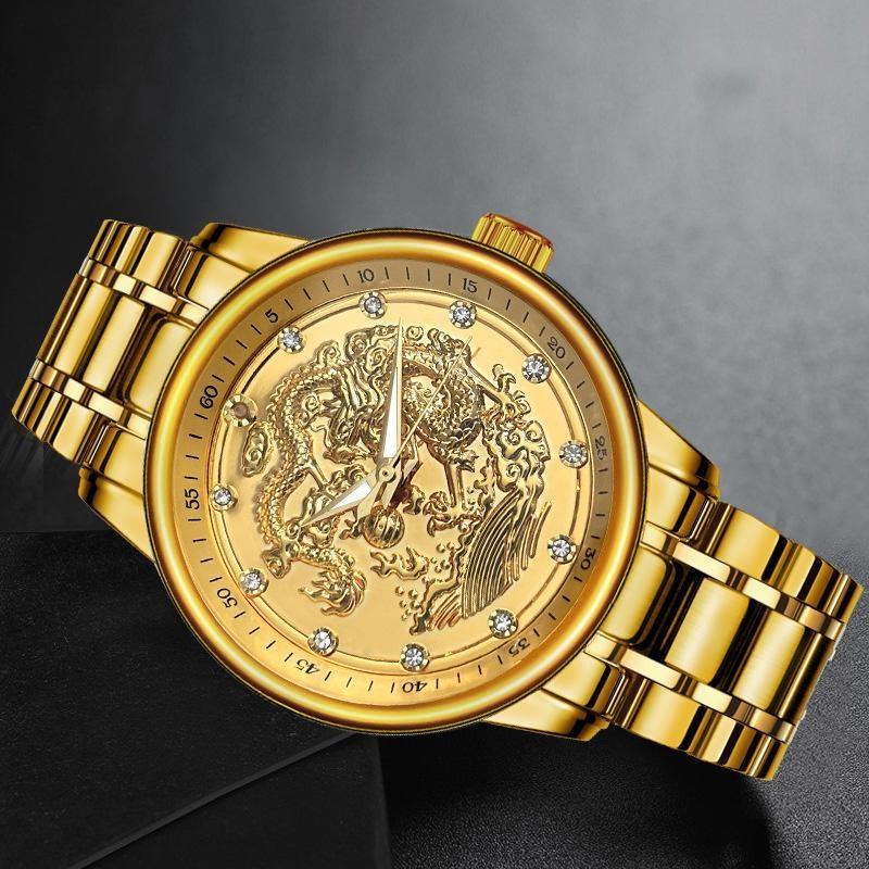 Men Automatic Mechanical Wristwatch Luxury 3D Ship with Diamond Golden Dragon Watch