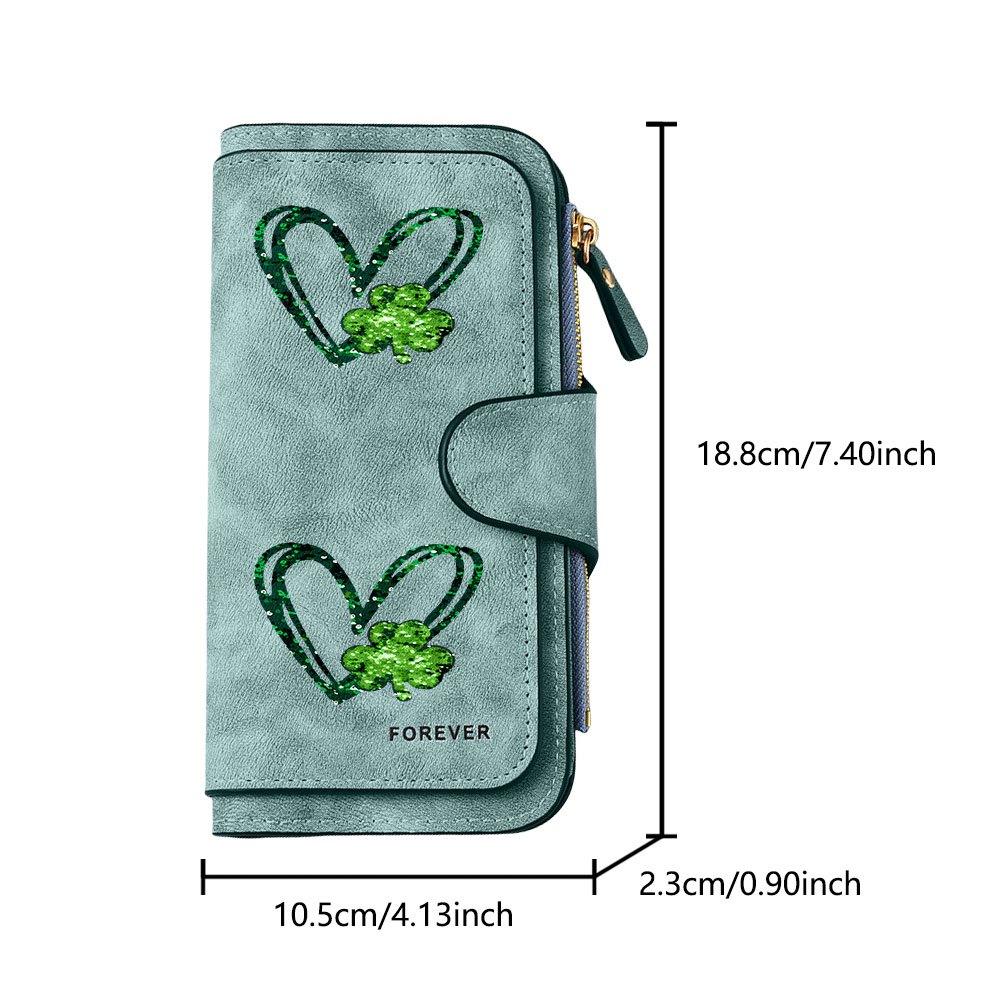 Long Wallet with Green Sparkling Heart and Four Leaf Clover Decorative Print Multifunctional Portable Coin Purse with Snap Closure Suitable for Daily