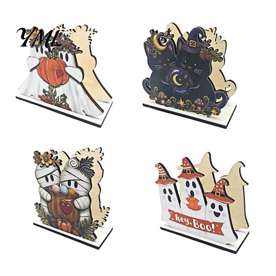 Ghost Pumpkin Centerpiece Halloween Wooden Napkin Holder, Black Cat Decorative Tabletop Tissue Kitchen Countertop Organizer Dispenser, Paper
