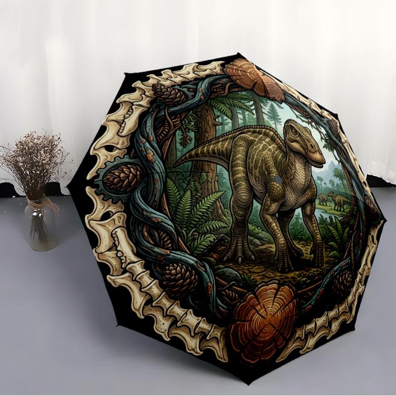 Prehistoric Dinosaur Forest Scene pattern umbrella, portable and foldable design, 8 ribs, a casual accessory for friend's birthday gifts.