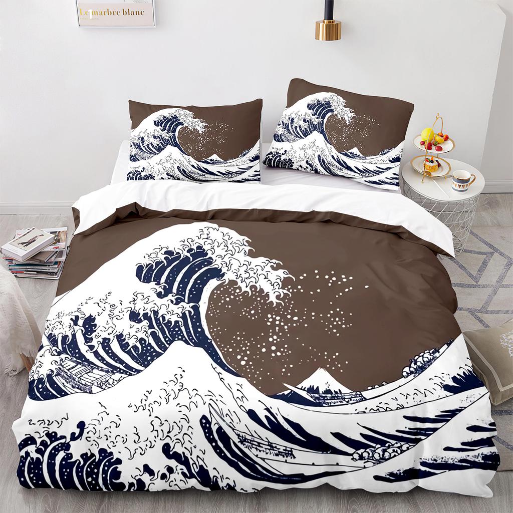 Ukiyo-e Weiches Bettbezug-Set King Quen Ful Größe Abmessungen Thema Wellenmuster Polyester Bettwäsche-Set Fuji Berg Exotischer Abstrakter Stil