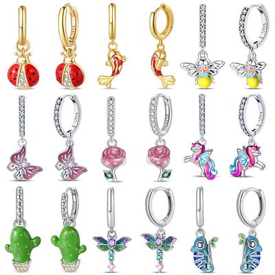 Nieuwe 925 Zilverkleurige Oorbellen Vlinder Vuurvliegje Lieveheersbeestje Cactus Kameleon Ster Dubbele Ring Oorbellen Mode Feest Unieke Sieraden