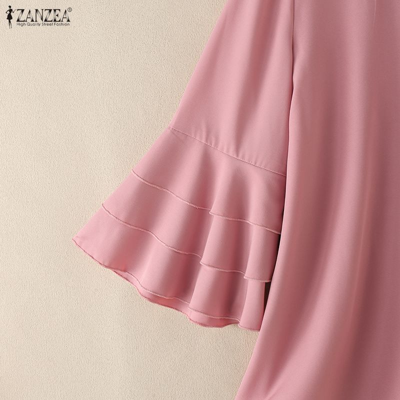ZANZEA Women Casual Round Neck 3/4 Sleeve Embroidery Print Loose Blouse Ruffles 