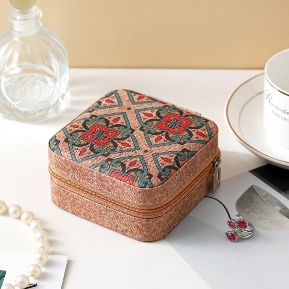 Portable Portable Necklaces Storage Box Printed Retro Rings Case Travel Jewelry Box Daily Use