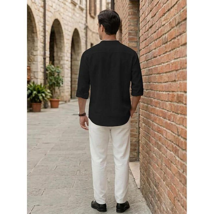 Men's Cotton Blend Mandarin Collar Self One Design Full Sleeve Casual Short Kurta