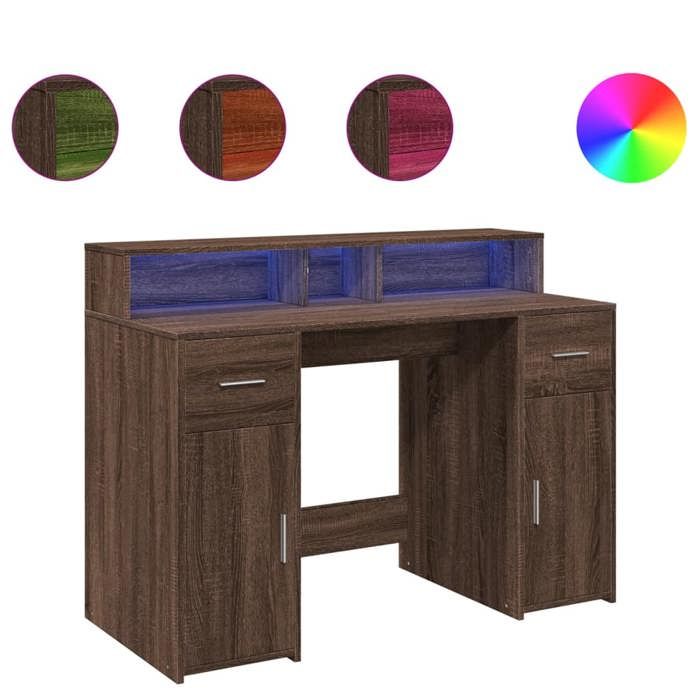 VidaXL Desk and LED Lights Brown Oak Engineered Wood, Work Desk, Study Desk, Home Office Desk, Desk 3309417