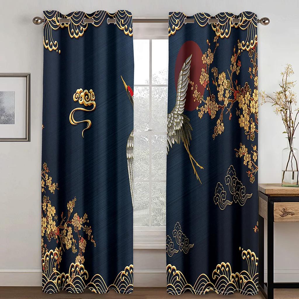 

Длинные Blcak японские восход волны две высокие затеняющие оконные шторы для гостиной, спальни, декор, плотная драпировка, новый узор, 2 шт. W55 X H120cm X 2&Grommet Top