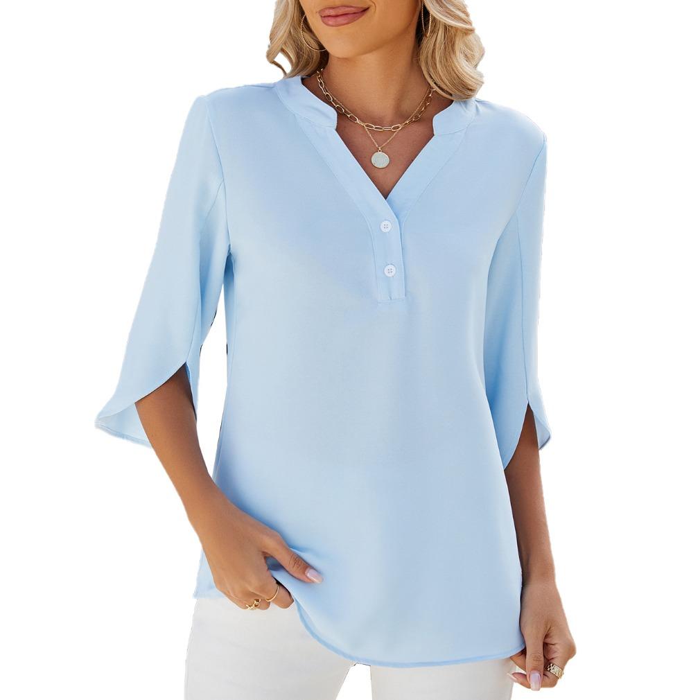 IHUASU Spring/Summer Solid Color Button V-neck Loose Mid-sleeve Chiffon Blouse