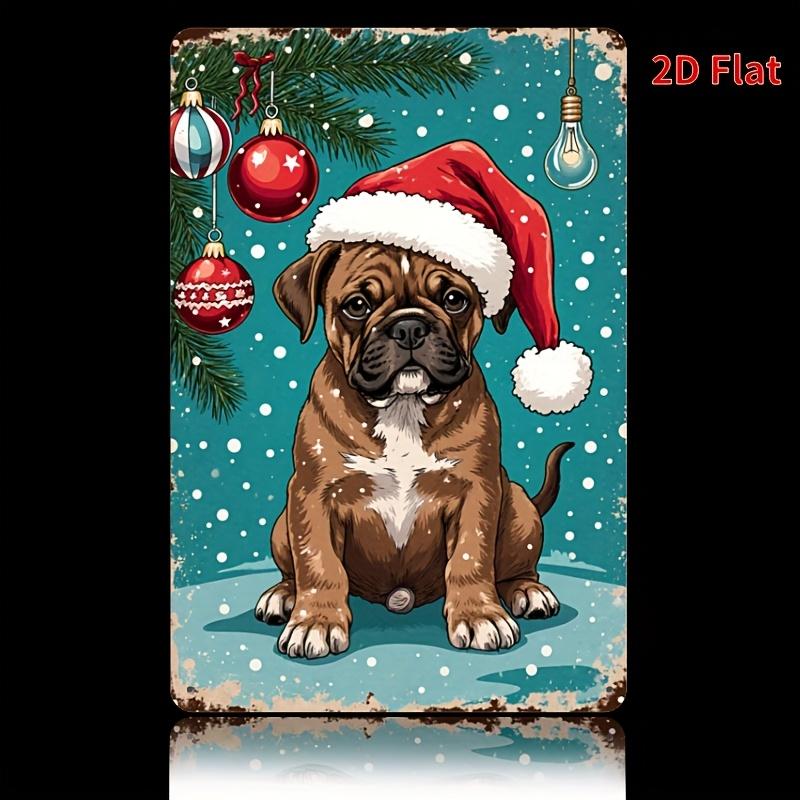 

Vintage Christmas Dog Metal Tin Sign Durable Iron Wall Art with Santa Hat Festive Lights Easy to Hang for Home Bar 20x30cm（7.8x11.8inch）