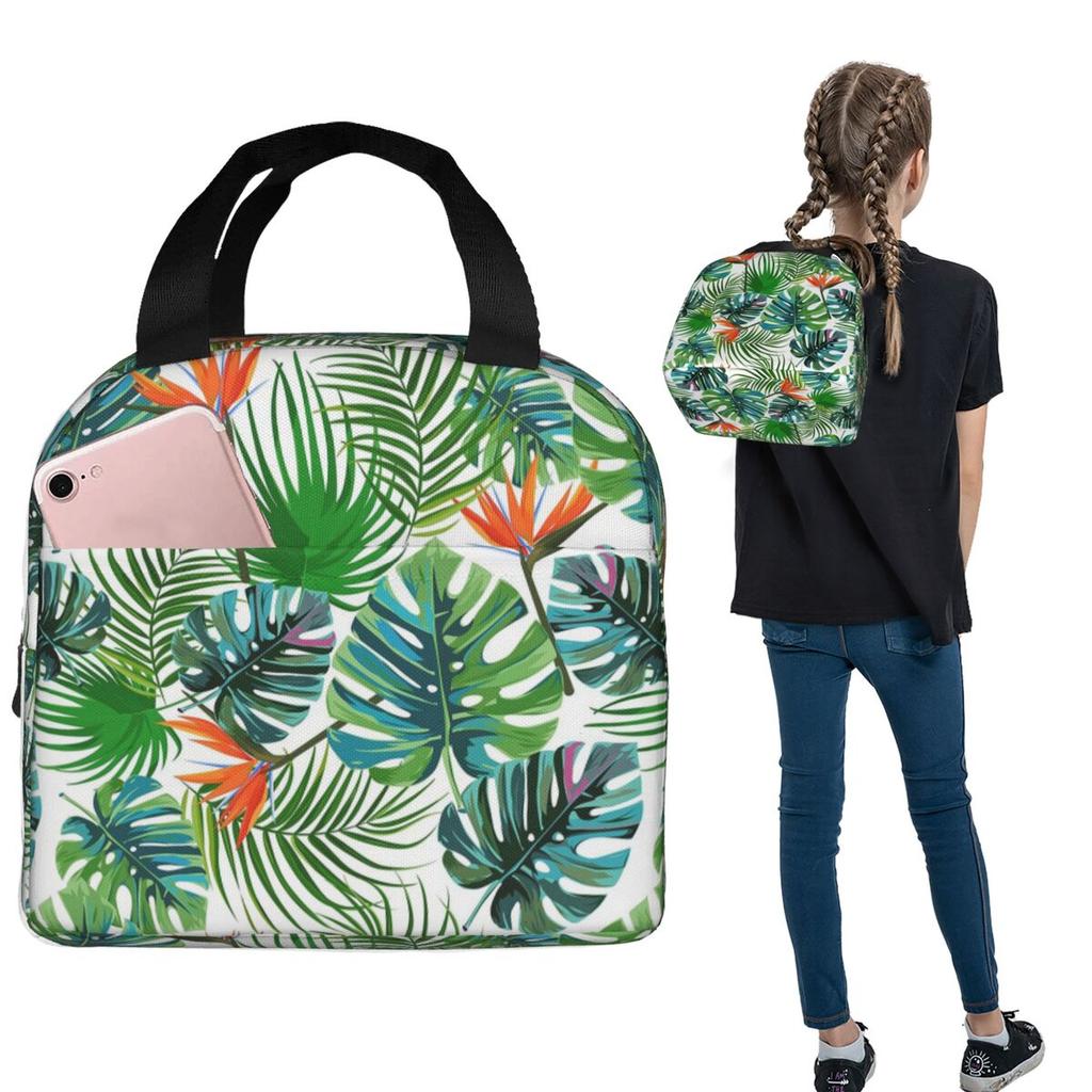 Tropical Green Leaves And Flowers Pattern Insulated Lunch Bag for Women Kids Portable Food Boxes Thermal Lunch Box Tote