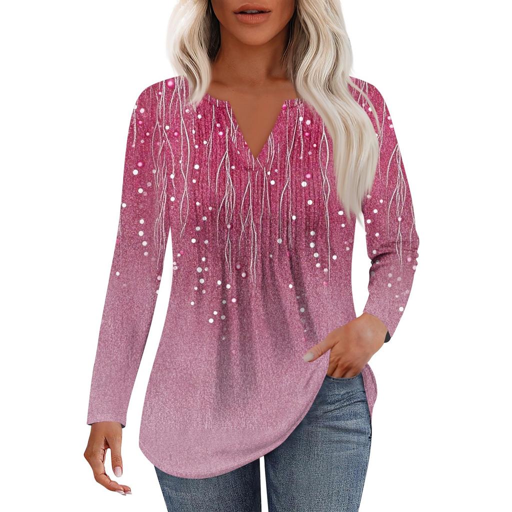 Damenmode Lässig Plissiert V-Ausschnitt Einfarbig Langarm T-Shirt Elegante Oberteile