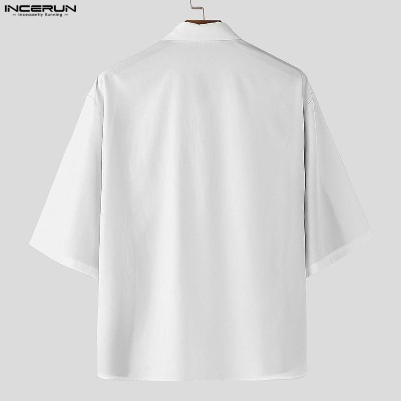 INCERUN Men Lapel Neck Short Sleeve Stitching Lace Splicing Casual Oversized Shirts