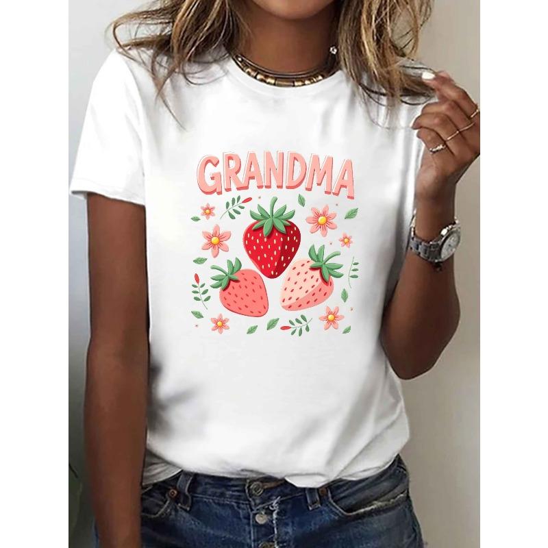 Casual Short-Sleeve Crew Neck T-Shirt Featuring A Strawberry Print, Perfect for Spring and Summer, Designed for Women