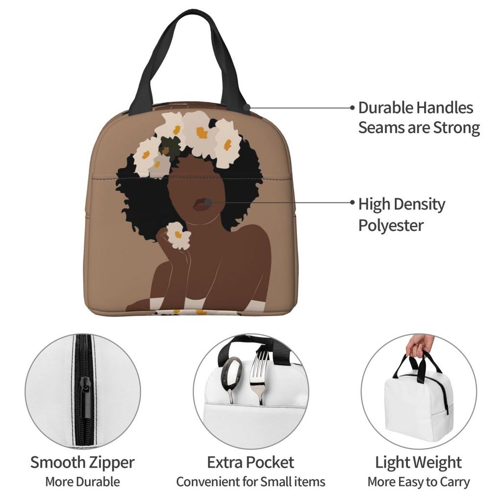 White Flower Black Woman Insulated Lunch Bag for Women Kids Portable Food Boxes Thermal Lunch Box Tote