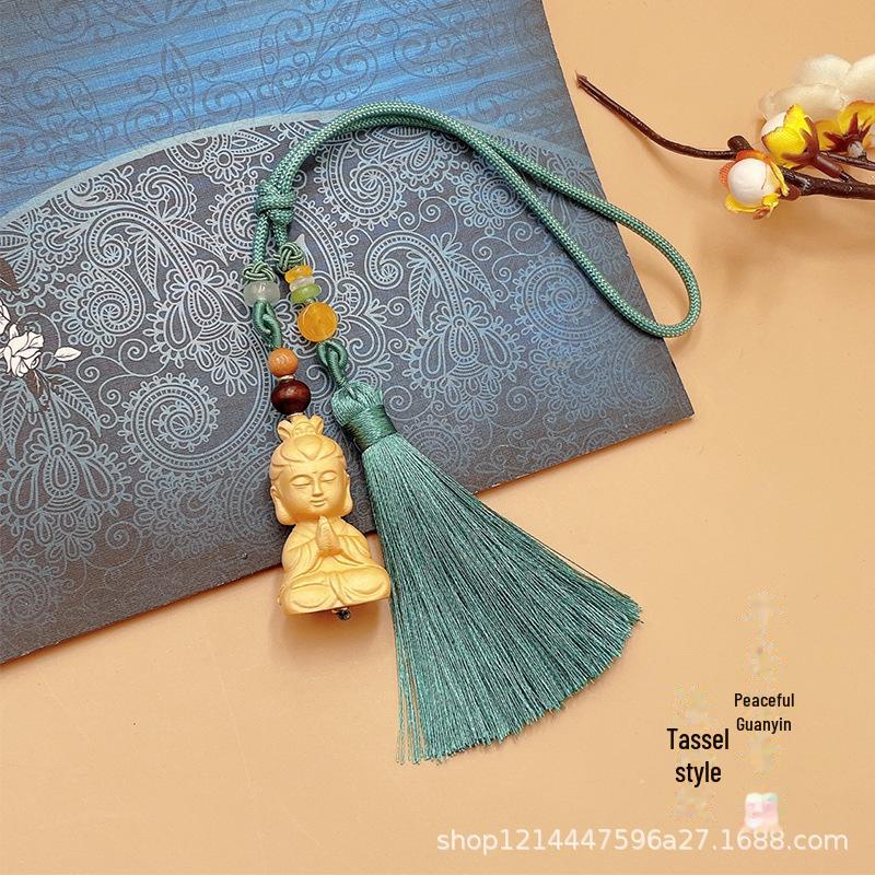 "Boxwood Buddha Guanyin Car Pendant: Creative Rearview Mirror Accessory for Men and Women"