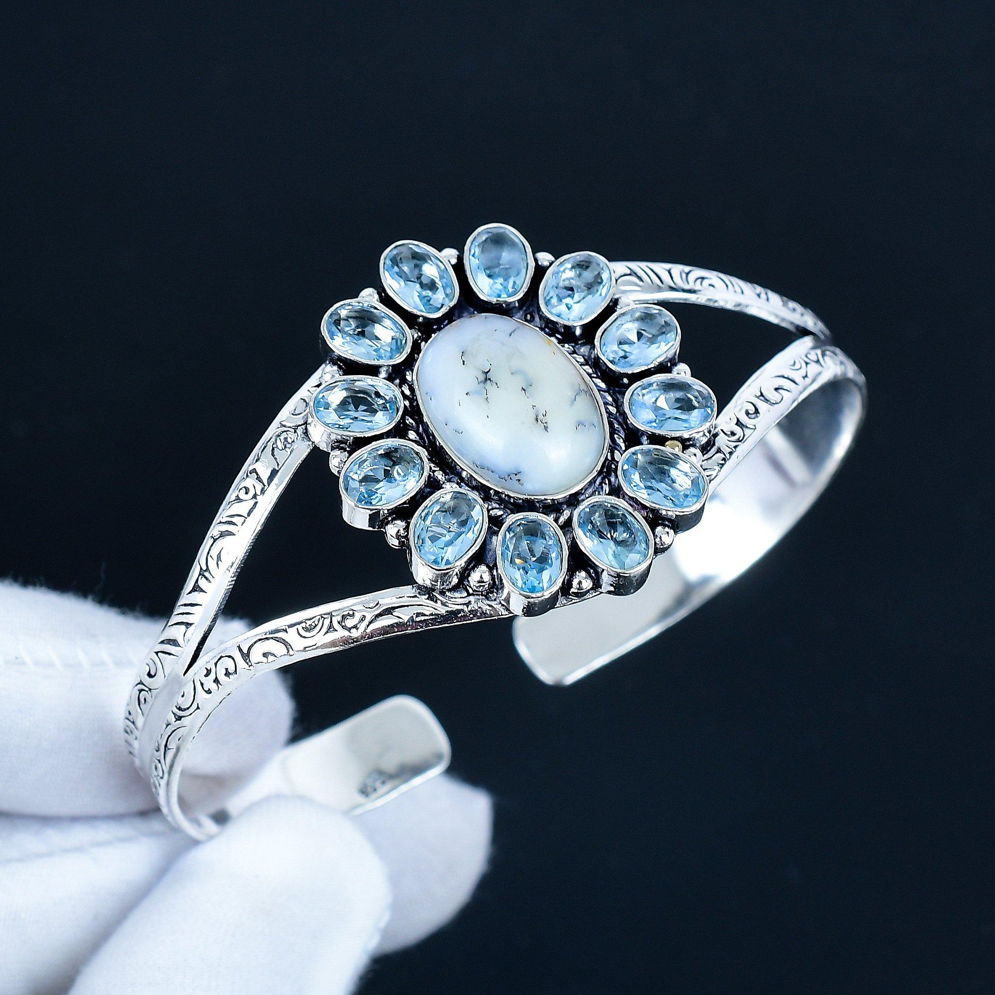 

Дендритовый Опал Драгоценный Камень Браслет-Манжета Ручной Работы из Серебра 925 пробы, Браслет в форме цветка с голубым топазом для жены, Унисекс браслет, Подарок любви 7 белый