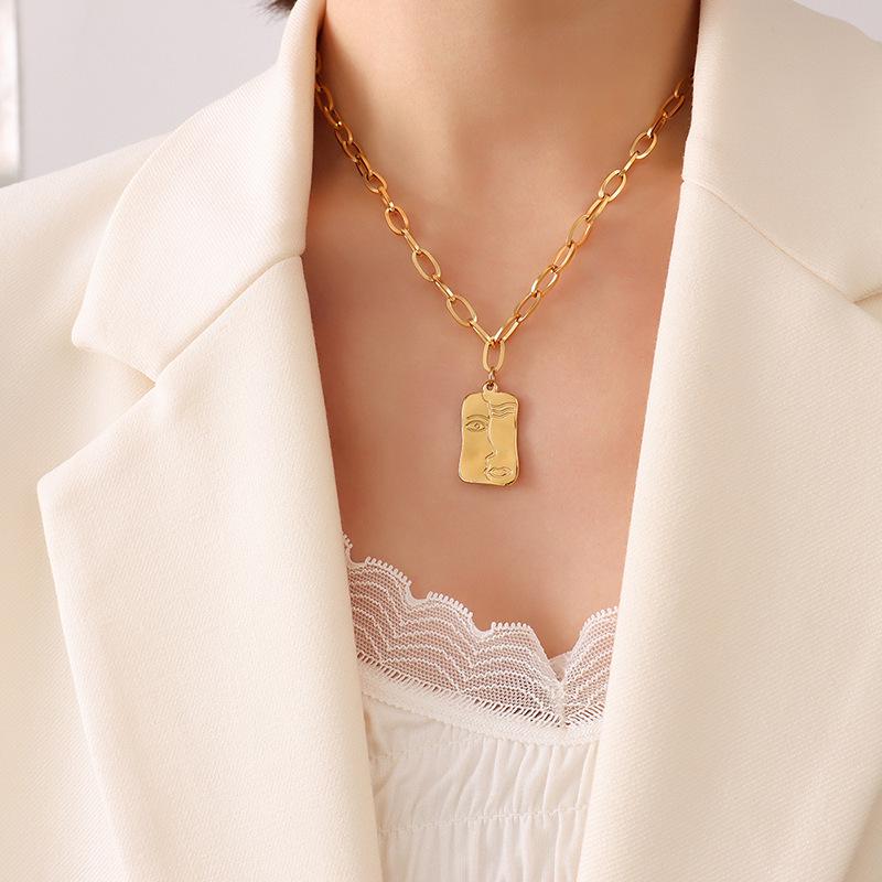 Irregular Square Pendant Necklace, Unisex Hip Hop Style, Gold-Plated Titanium Steel Chain