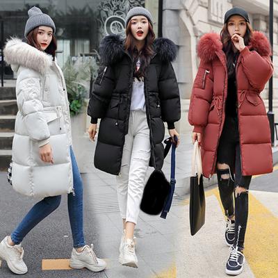 Women Winter Jacket with Furry Hood Thickened Padded Down Coat Drawstring Waist Zipper Closure Mid Length Windproof Cold Weather Cotton Coat