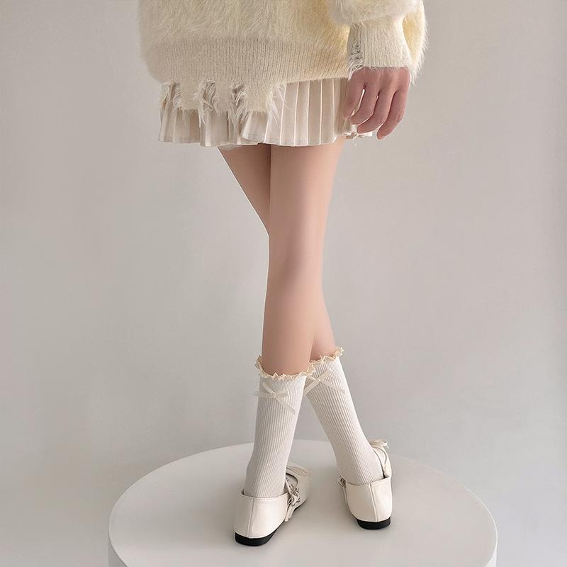 Lace Socks, Cute Mid-calf Lolita Ribbon Bow, White Pile Long Calf, Retro