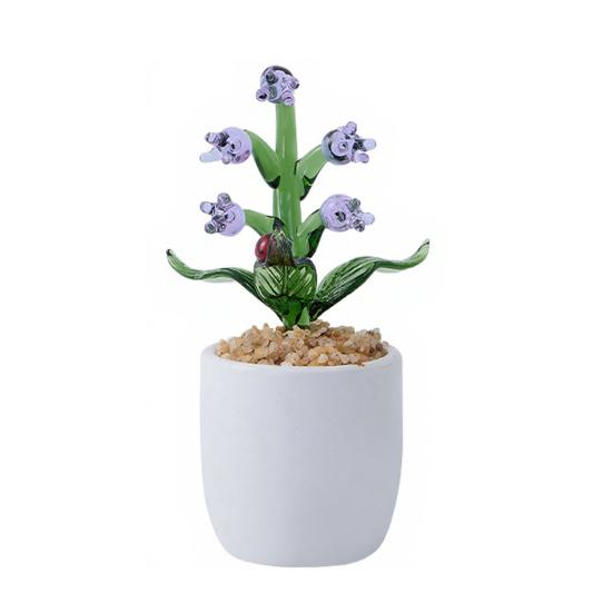 Hand Blown Mini Glass Flower Figurine Faux Crystal Small Lily of The Valley Flower with Pot for Wedding Mother's Day Office Home Table Centerpiece