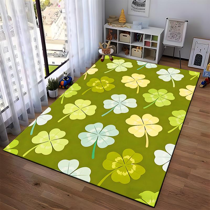 Four-Leaf Clover Printed Carpet, Green Luck Theme Decorative Rug Suitable for Use As an Anti-slip for Living Room Bedroom Sofas