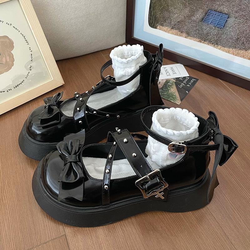 

Милые туфли в стиле «лолита» в стиле преппи, женские туфли «Мэри Джейн» с ремешком на щиколотке, женские туфли в стиле «панк-готика» с бантом и заклепками 37 чёрный