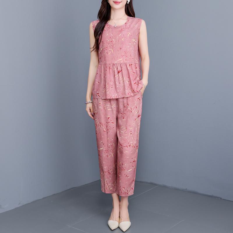 Plus Size Elegant 2 Piece Sets Women Summer Clothes Vintage Loose Print Pants Sets