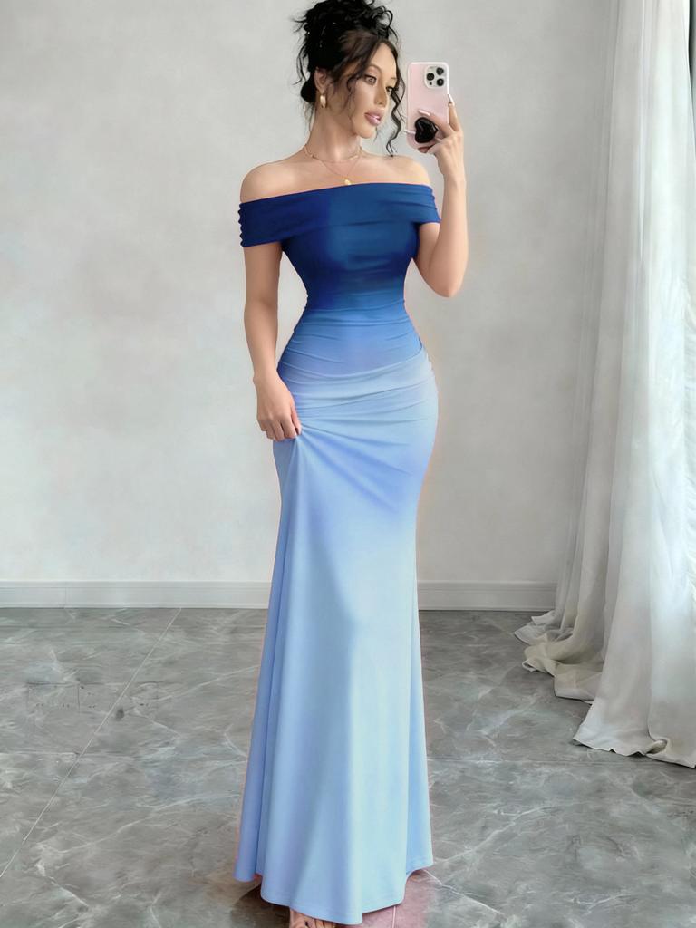 Off Shoulder Gradient Fishtail Maxi Dress