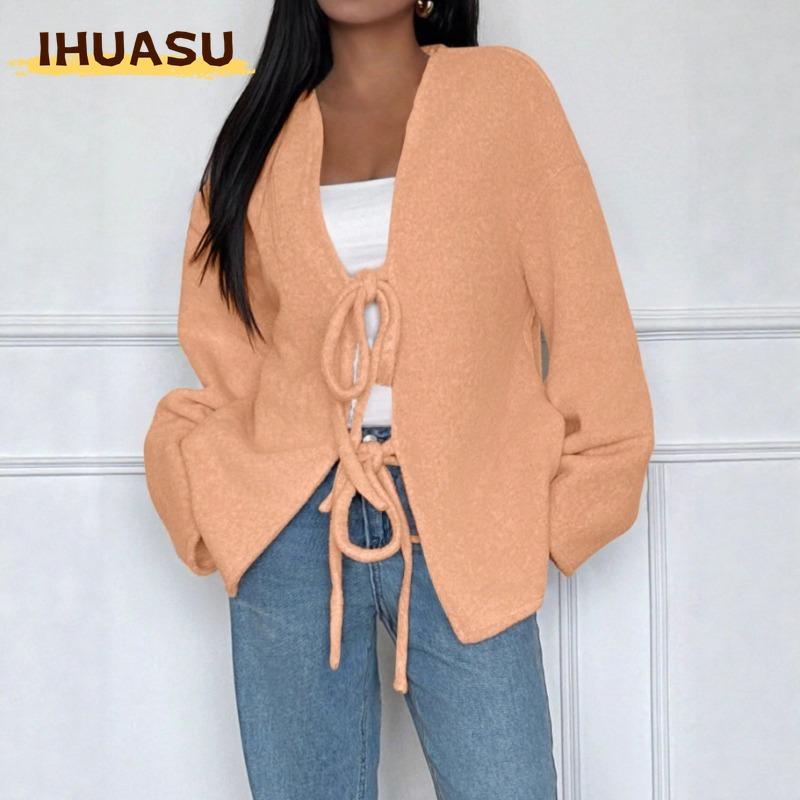 IHUASU Women's Vintage Casual Solid Color Print Autumn Winter Long Sleeve Jackets & Coats