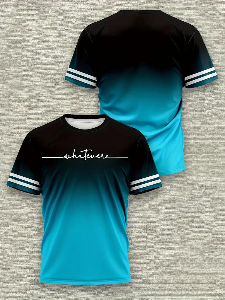 2026 Fashion Men Gradient Color T‑Shirt 3D Whatever Letter Print Short Sleeve Classic Striped Graphic T-shirt Trend Casual Tops