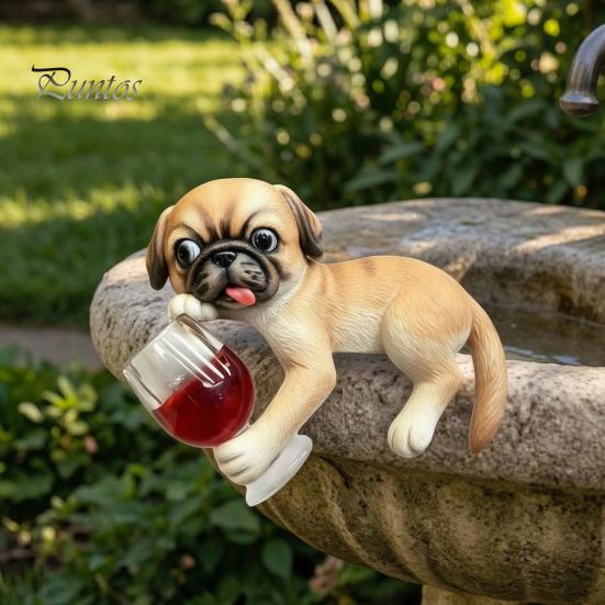 Creative Planter Edge Decor Lying Pug Statue for Planter, Dog Figurine with Red Wine Tabletop Animal Ornament Glass, Cute Resin Flower Pot Decoration