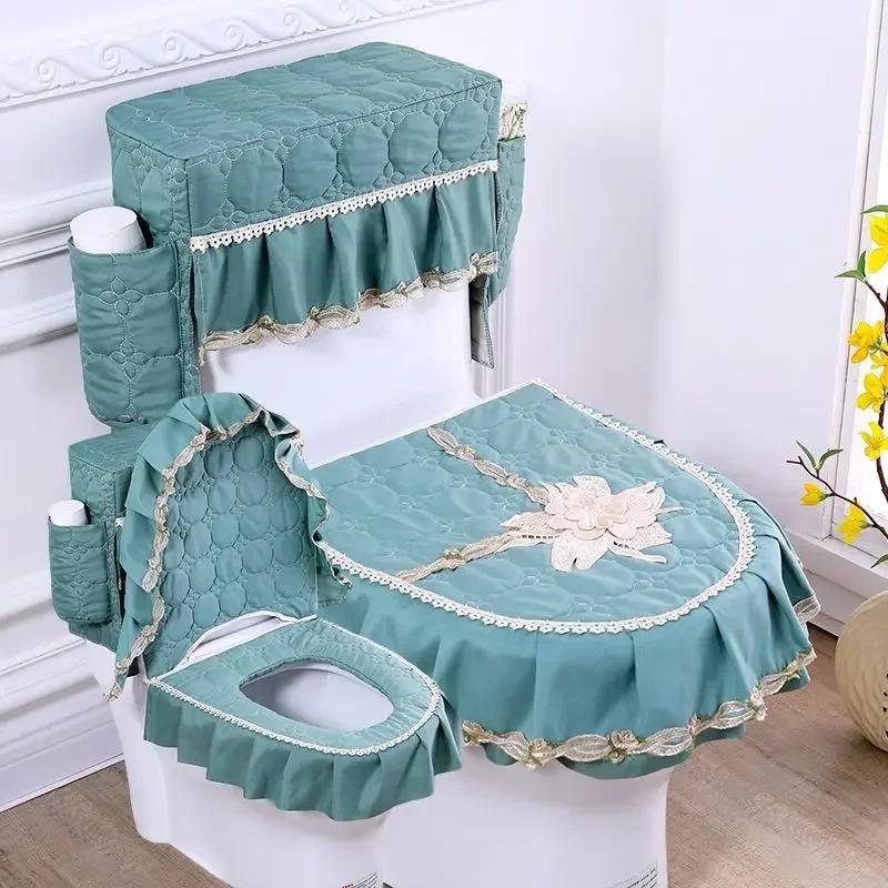 Lace 3D Embroidered Toilet Three Piece Set U-shaped Zipper Closestool Cover with Storage Bag Feather Wave Edge Dust Cushion