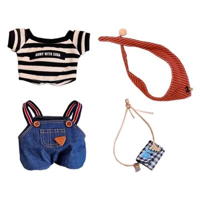 Niannyyhouse 15cm Plüschkleidung: Kariertes T-Shirt, Hosenträger, Schal, Rucksack, Baumwollpuppe, Ankleidezubehör (Blau - 15cm)