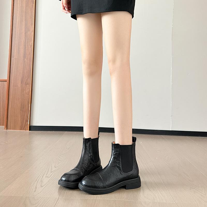 Vintage Rundkopf Grober Absatz Kurze Stiefel Damen Herbst und Winter Braun Britische Smoke Boots Chelsea Boots Schwarz Plateau Martin Stiefel