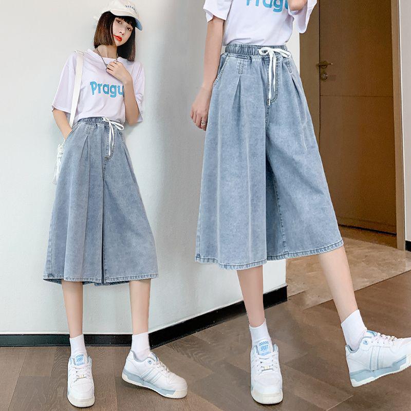 

Plus Size High-Waisted Denim Capris - Summer Thin, Loose, Wide-Leg Mid-Length Pants (Fits Up to 200 Jin) M: Below 100 Jin