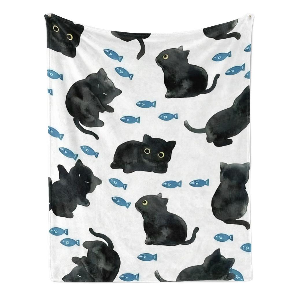 Cute cartoon black cat digitalprinted polyester Bedroom velvet flannel cover blanket Fleece soft sofa cover blankets for beds