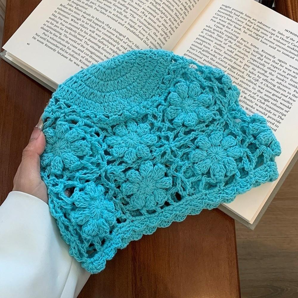 3D Flower Candy Knitted Hat Hand Hook Crochet Beanie Cap Sweet Women Bald Hat