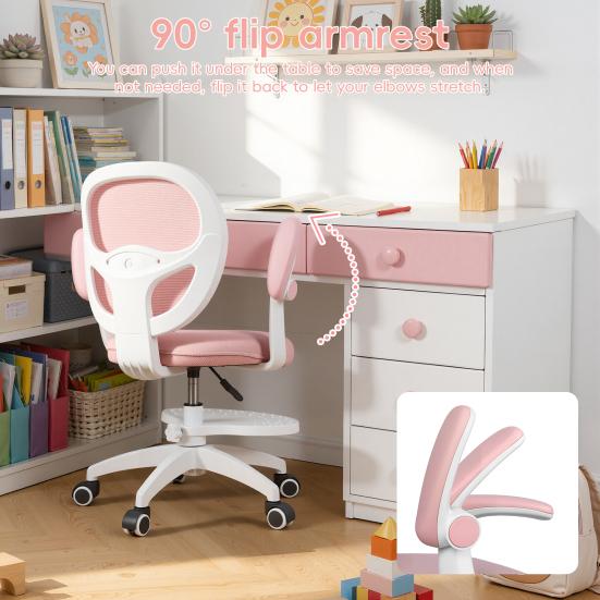 Silla Ergonómica de Estudio para Niños con Reposapiés Ajustable y Reposabrazos abatibles, Malla para Ordenador Infantil Oficina, Giratoria 360 grados para Habitación de Casa Dormitorio Sala de Estudio